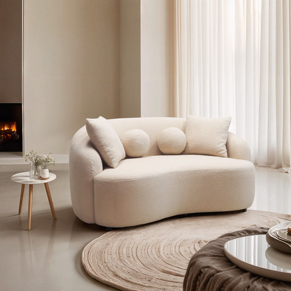 Canapé 2 places design en tissu teddy bouclé beige Lazy Promotion