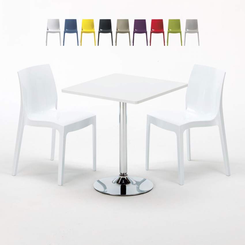 Table Carrée Blanche 70x70cm Avec 2 Chaises Colorées Grand Soleil Set Intérieur Bar Café Ice Cocktail Vente Table Carrée Blanche 70x70cm Avec 2 Chaises Colorées Grand Soleil Set Intérieur Bar Café Ice Cocktail Vente