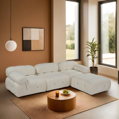Canapé modulable 4 places avec pouf en bouclé blanc Bubble 3SPB Promotion