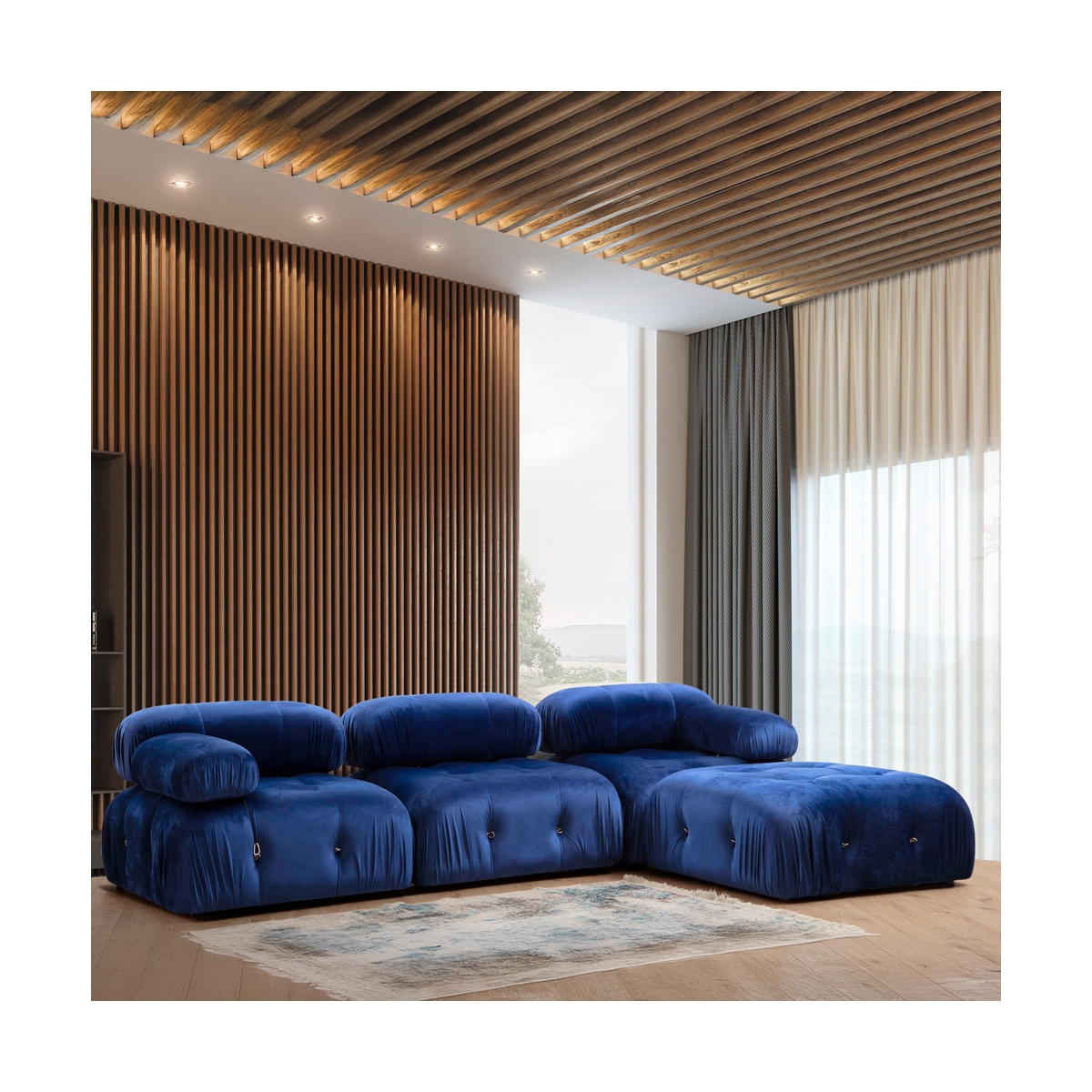 Canapé modulable 4 places bleu avec repose-pieds en velours Bubble 3SPV Promotion
