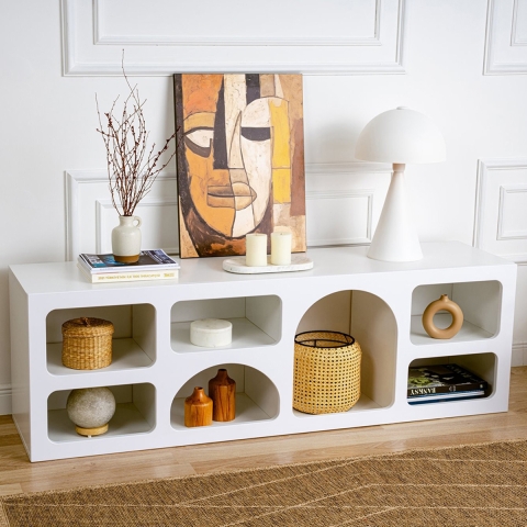 Meuble TV bas design 160x40 cm avec 7 compartiments blanc Lorin Promotion