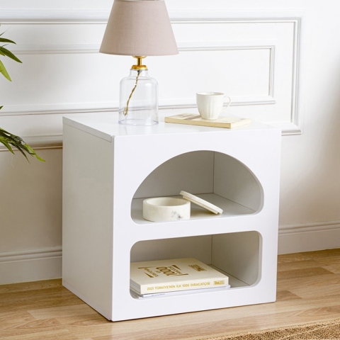 Table de chevet design blanc 50x40 cm 2 compartiments Lorin S Promotion
