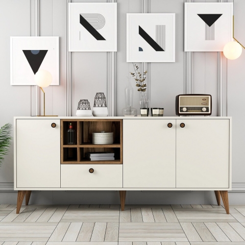 Buffet bas de salon 180x35cm blanc et bois avec portes Napoli Promotion
