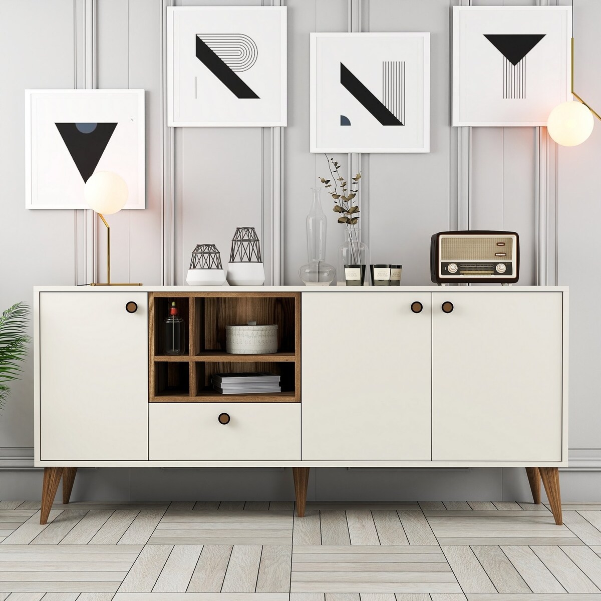 Buffet bas de salon 180x35cm blanc et bois avec portes Napoli Promotion Buffet bas de salon 180x35cm blanc et bois avec portes Napoli Promotion