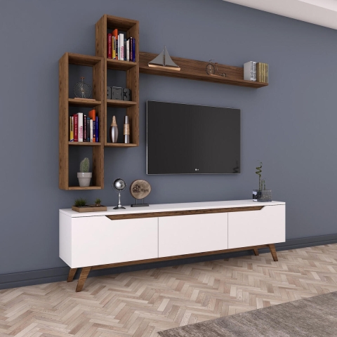 Mur TV avec étagères et niches ouvertes blanc et naturel Sirio Promotion