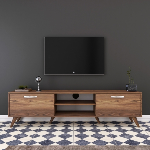 Meuble TV avec 2 portes abattantes et 2 étagères en bois couleur noyer Walnut Promotion