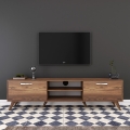 Meuble TV avec 2 portes abattantes et 2 étagères en bois couleur noyer Walnut Promotion