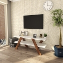Meuble TV design 120 cm blanc et bois avec 2 étagères Basic Vente