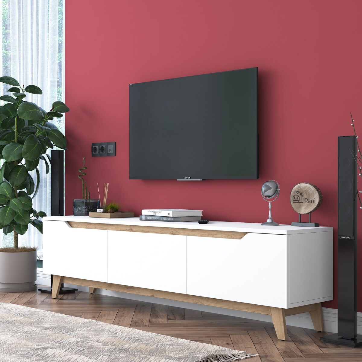 Meuble TV moderne 180 cm blanc et bois avec 3 portes Amelia Promotion Meuble TV moderne 180 cm blanc et bois avec 3 portes Amelia Promotion