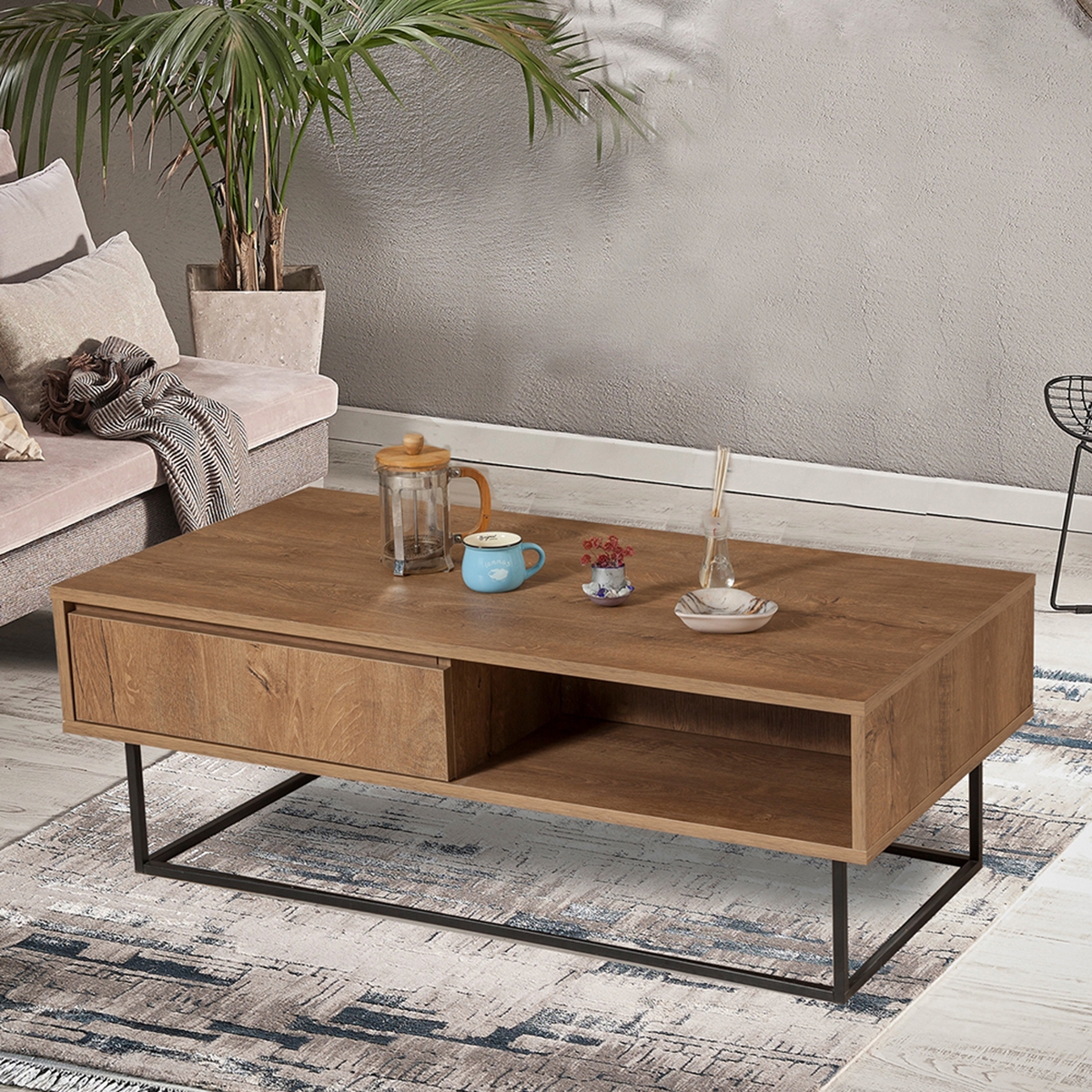 Table basse moderne en bois avec niche ouverte et tiroir Dale Promotion