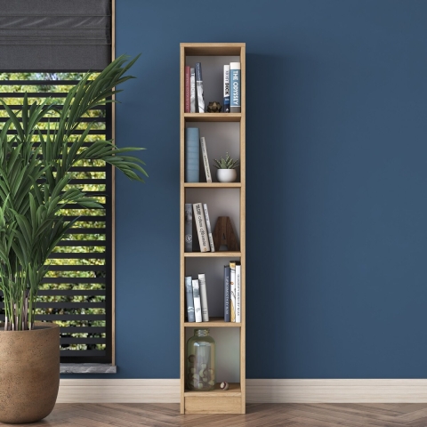 Bibliothèque murale haute et étroite 170 cm avec 5 étagères en bois Wally Promotion