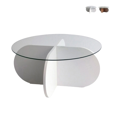 Table basse ronde design en bois et verre 75x35cm Promotion