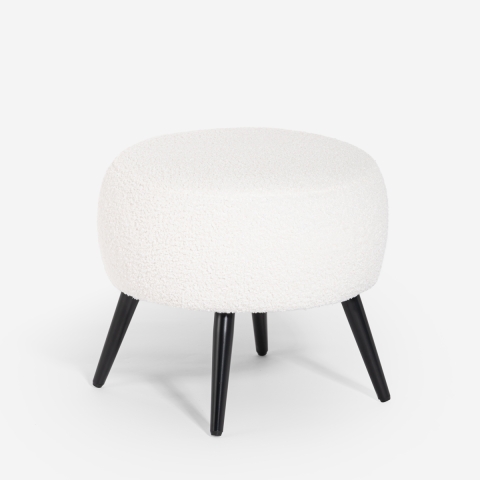 Pouf repose-pieds de salon en teddy bouclé blanc pieds noirs Belix Promotion