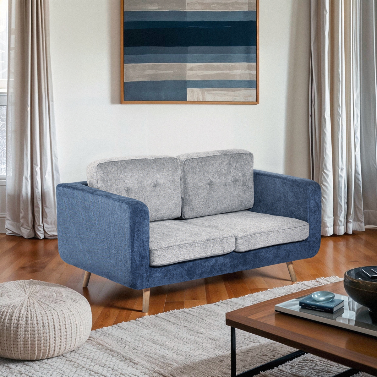 Biko Canapé 2 places en tissu gris et bleu coussins réversibles Promotion
