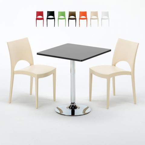 Table Carrée Noire 70x70cm Avec 2 Chaises Colorées Grand Soleil Set Intérieur Bar Café Paris Mojito