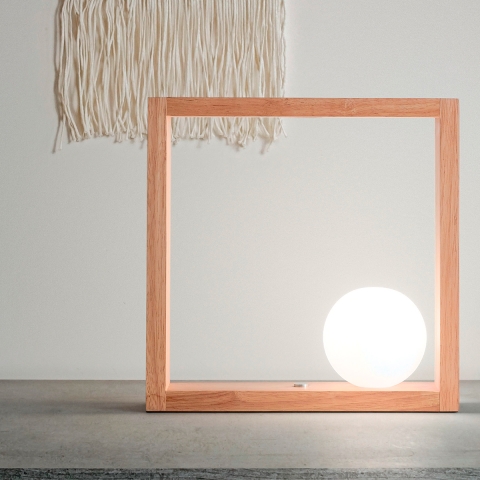 Lampe LED de table design en bois avec abat-jour sphérique en verre Kark Promotion