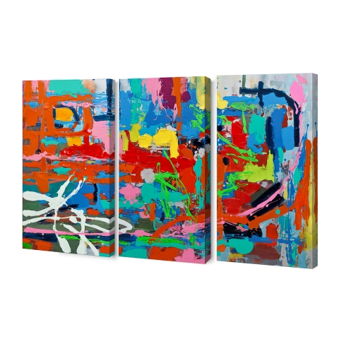 Trio de peintures abstraites modernes 165x100cm, 3 tableaux multicolores sur toile Viva Promotion