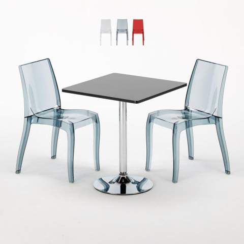 Table Carrée Noire 70x70cm Avec 2 Chaises Colorées Et Transparentes Set Intérieur Bar Café Cristal Light Platinum