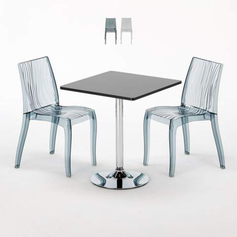 Table Carrée Noire 70x70cm Avec 2 Chaises Colorées Et Transparentes Set Intérieur Bar Café Dune Platinum