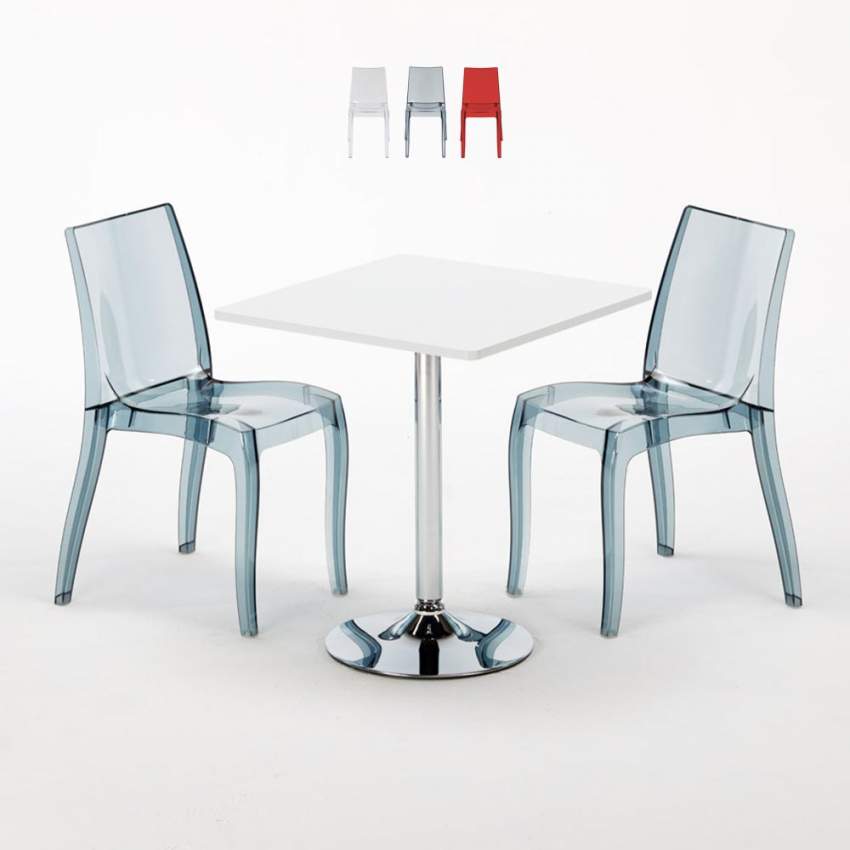 Table Carrée Blanche 70x70cm Avec 2 Chaises Colorées Et Transparentes Set Intérieur Bar Café Cristal Light Titanium Offre Table Carrée Blanche 70x70cm Avec 2 Chaises Colorées Et Transparentes Set Intérieur Bar Café Cristal Light Titanium Offre