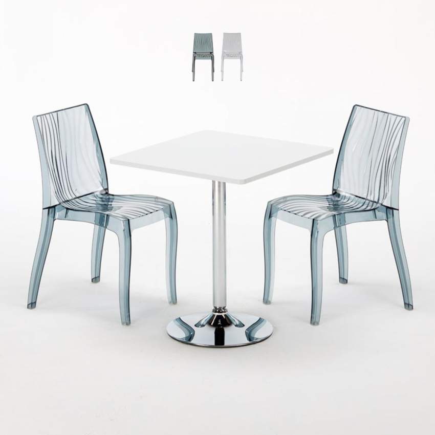 Table Carrée Blanche 70x70cm Avec 2 Chaises Colorées Et Transparentes Set Intérieur Bar Café Dune Titanium Promotion