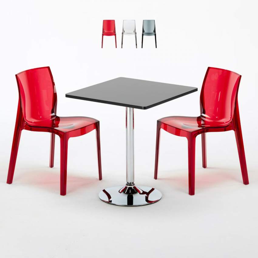 Table Carrée Noire 70x70cm Avec 2 Chaises Colorées Grand Soleil Set Intérieur Bar Café Femme Fatale Phantom Promotion