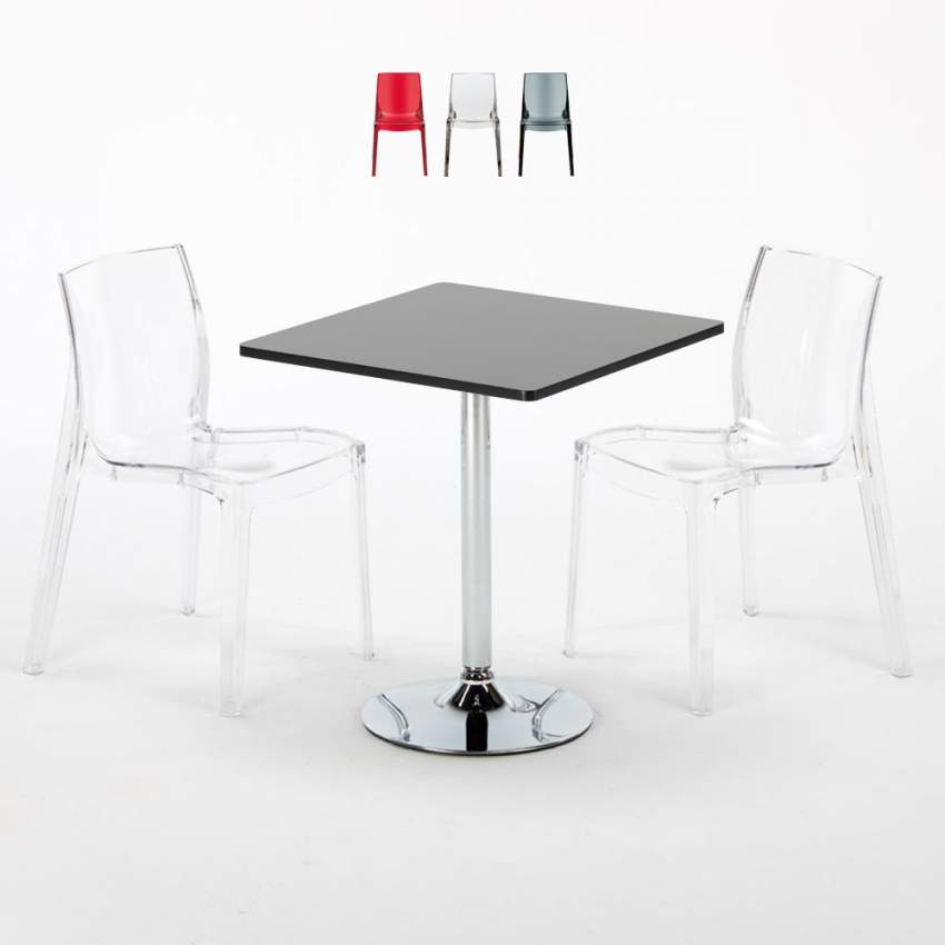 Table Carrée Noire 70x70cm Avec 2 Chaises Colorées Grand Soleil Set Intérieur Bar Café Femme Fatale Phantom Vente Table Carrée Noire 70x70cm Avec 2 Chaises Colorées Grand Soleil Set Intérieur Bar Café Femme Fatale Phantom Vente