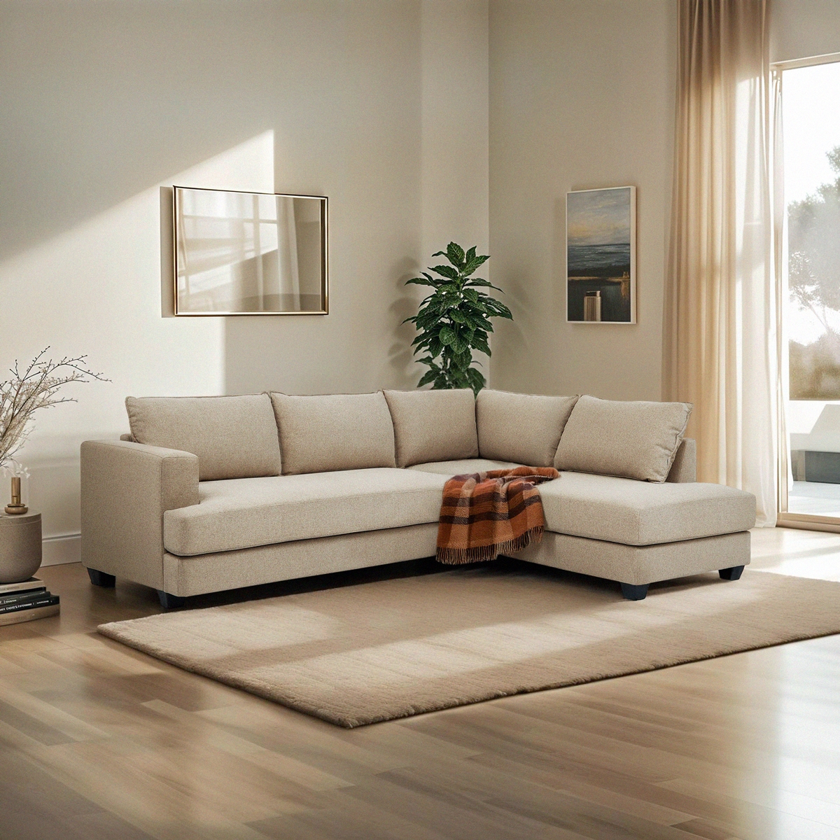 Canapé d'angle 3 places design avec méridienne en tissu beige Avior Promotion Canapé d'angle 3 places design avec méridienne en tissu beige Avior Promotion