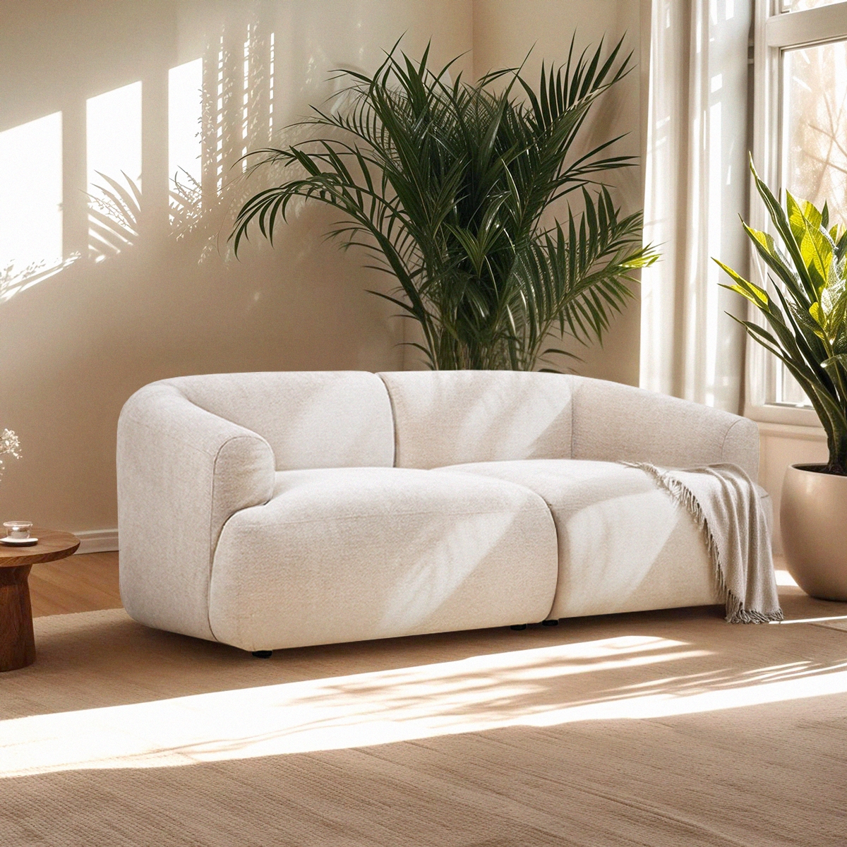 Canapé 2 places modulaire incurvé en tissu beige Yuna-2 Promotion