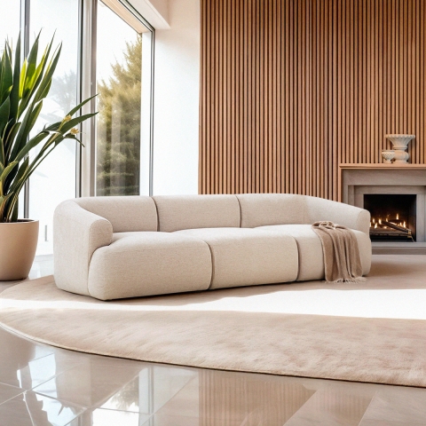 Canapé 3 places modulaire incurvé en tissu beige Yuna-3 Promotion