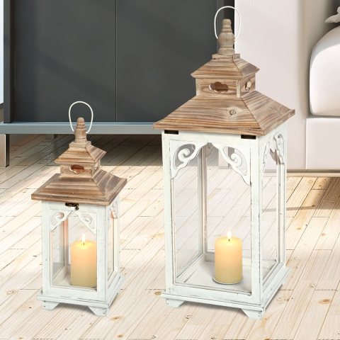 Ensemble de 2 lanternes en bois blanc shabby chic avec bougeoir Copenaghen Promotion