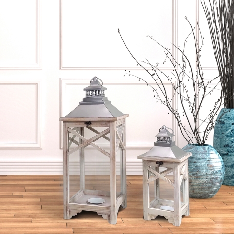 Ensemble de 2 lanternes shabby chic avec porte-bougies en bois gris Kediri Promotion