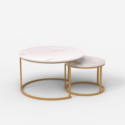 2 tables basses effet marbre blanc et métal doré Malachite Promotion