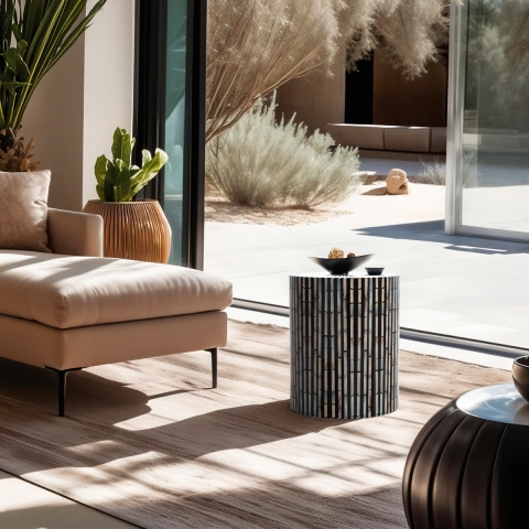 Table basse cylindrique incrustée de nacre blanche noire Ulan Promotion