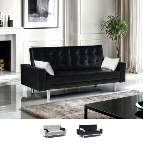 Canapé convertible 2 places clic-clac en similicuir accoudoirs et coussins Agata Promotion