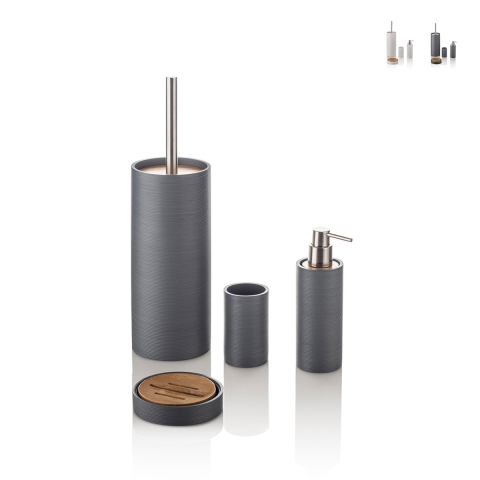 Ensemble accessoires de salle de bains en résine blanc gris et bambou Gaeta Promotion