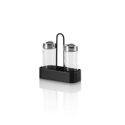Ensemble sel et poivre noir avec pots en verre et support en métal Salz Promotion