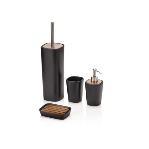 Set d'accessoires de salle de bain en céramique noir mat et bois de noyer Rodi Promotion