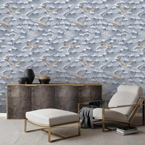 Papier peint motif mer pour salon chambre à coucher Vagues et Baleines Promotion