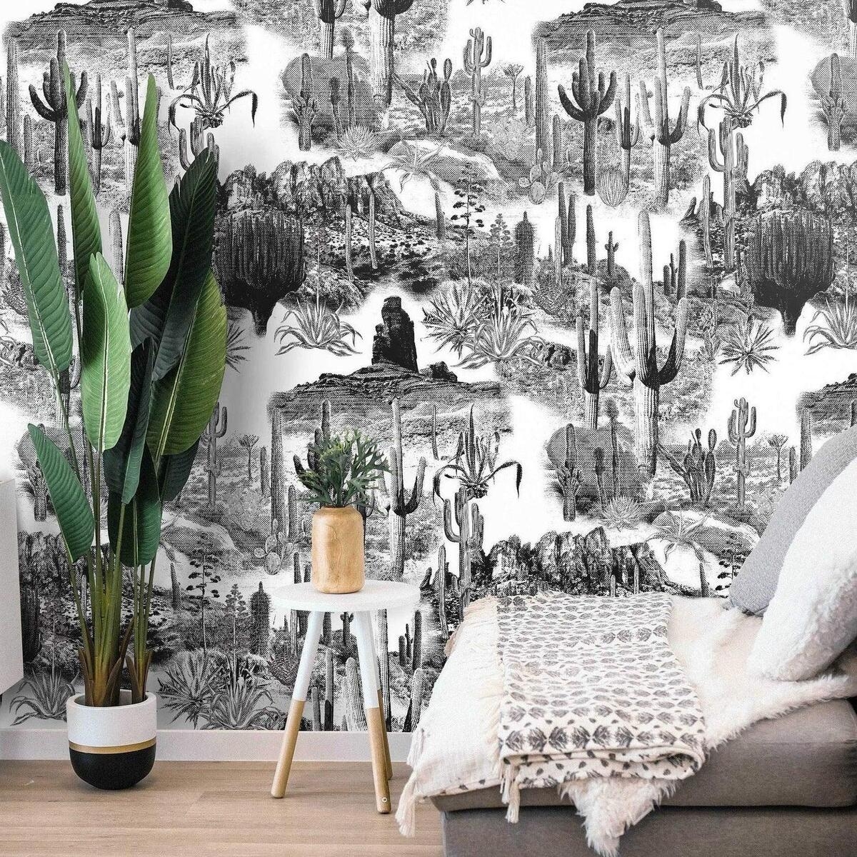 Papier peint adhésif moderne blanc et noir pour salon Cactus Promotion Papier peint adhésif moderne blanc et noir pour salon Cactus Promotion