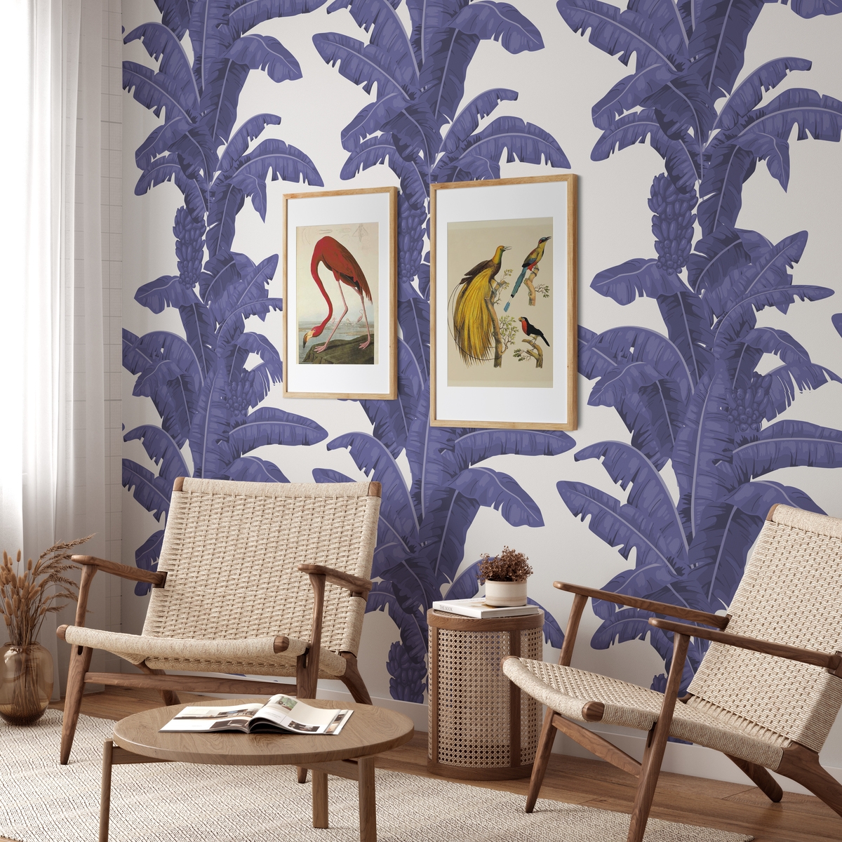 Papier peint floral pour chambre et salon Palmes Blanc et Bleu Promotion