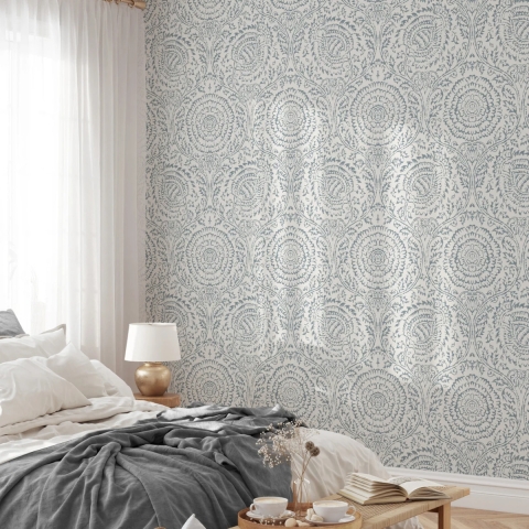 Papier peint damassé blanc et bleu pour salon et chambre à coucher Chic Promotion