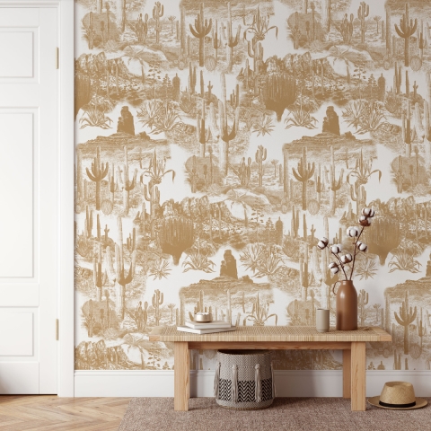 Papier peint adhésif floral beige pour salon Cactus nel Deserto Promotion