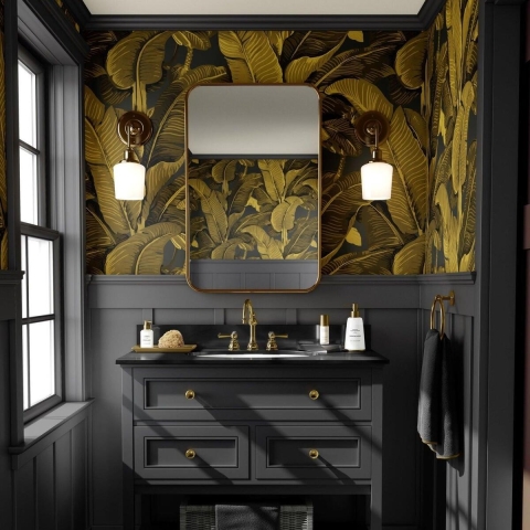 Papier peint floral doré pour salle de bain et chambre à coucher Feuilles de Banano Promotion