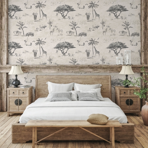 Papier peint vintage animaux safari beige pour tête de lit Promotion
