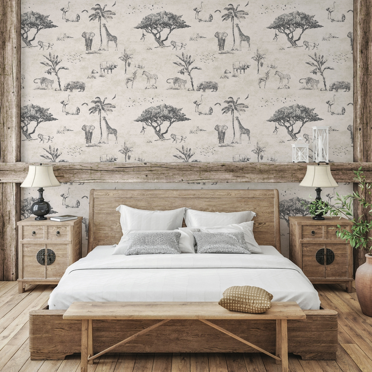 Papier peint vintage animaux safari beige pour tête de lit Promotion