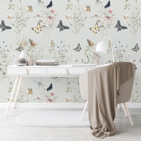 Papier peint floral naturel pour chambre d'enfant et séjour Papillons Promotion
