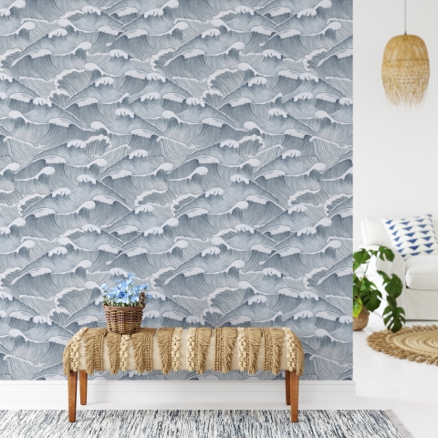 Papier peint adhésif vintage artistique aux vagues bleu et blanc Mer Promotion