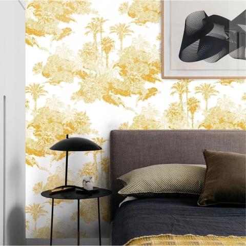 Papier peint floral vintage artistique blanc et jaune Toile de Jouy Promotion