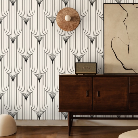 Papier peint géométrique design vintage noir et blanc Art Déco Promotion